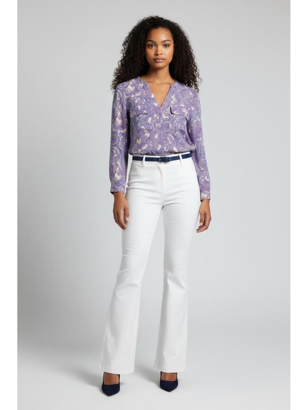 Jones New York Pink and Blue Paisley Crepe de Chine Utility Blouse, Size L